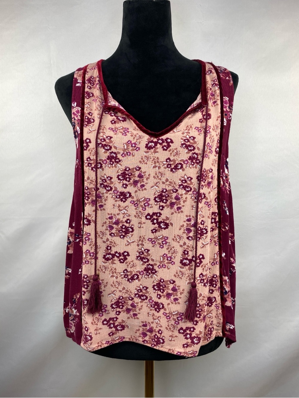 Angels Forever Young Boho Floral Velvet Trim Tassel Tie Tank Top Size Small